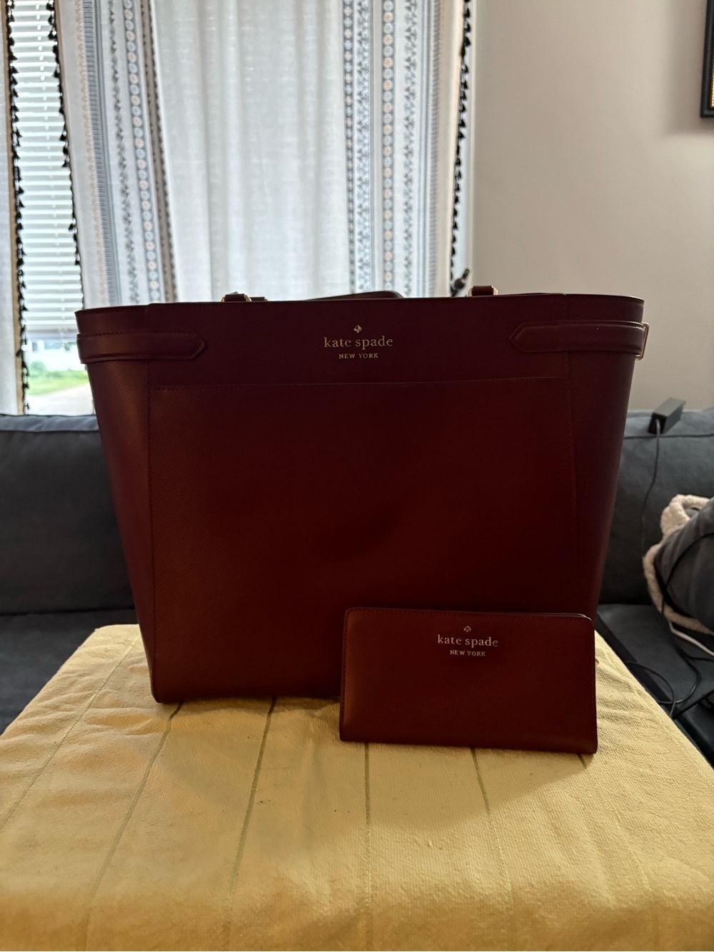 kate spade Burgundy Leather Card Wallet with matching large shoulder bag